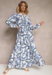 Niebieska Rozkloszowana Sukienka z Wiskozą Wiązana przy Dekolcie w Roślinny Print Koriselle. Niebieskie sukienki Renee, na co dzień, l, bez wzorów, z wiskozy, eleganckie, bez kołnierzyka, bez ramiączek, maxi, rozkloszowane. W wyprzedaży za 119.99 zł.