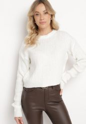Jasnobeżowy Sweter o Pudełkowym Kroju z Prążkowanym Tłoczeniem Omelis. Brązowe swetry Born2be, m, bez wzorów, z jeansu, eleganckie, bez ramiączek. W wyprzedaży za 93.49 zł.