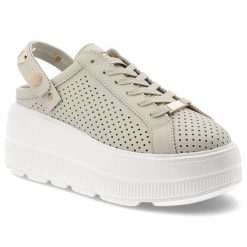 Klapki damskie S.Barski, ze skóry naturalnej licowej ażurowa cholewka platforma sznurowane styl casual, beżowe, LR61-7088. Brązowe klapki S.BARSKI, w ażurowe wzory, ze skóry, casualowe, bez obcasa, na platformie, bez zapięcia. Za 229.00 zł.