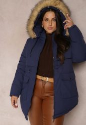 Granatowa Kurtka Parka z Futrem Makareta. Niebieskie kurtki Renee, xl, bez wzorów, klasyczne. W wyprzedaży za 167.99 zł.