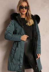 Ciemnozielona Dwustronna Kurtka ze Ściągaczem i Kapturem z Futerkiem Divya. Zielone kurtki Renee, l, bez wzorów, eleganckie. W wyprzedaży za 118.99 zł.
