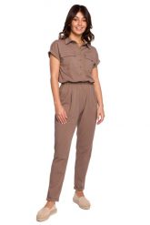 Kombinezon w Stylu Safari - Kakaowy. Brązowe kombinezony MOE, na lato, l, bez wzorów, z bawełny, bez kołnierzyka, bez ramiączek. Za 274.90 zł.