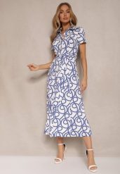 Niebieska Sukienka z Wiskozą o Koszulowym Kroju z Geometrycznym Wzorem Saravione. Niebieskie sukienki Renee, l, bez wzorów, z wiskozy, eleganckie, bez kołnierzyka, bez ramiączek, koszulowe. W wyprzedaży za 143.99 zł.