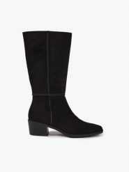 Czarne wyższe botki na obcasie. Czarne botki Ryłko, bez wzorów, z weluru, klasyczne, bez obcasa, na obcasie, bez zapięcia. Za 649.99 zł.