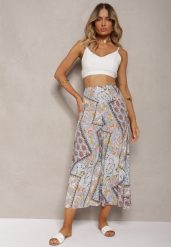 Beżowo-Niebieskie Szerokie Spodnie Culottes z Mozaikowym Wzorem i Gumką w Pasie Mizina. Brązowe jeansy Renee, na lato, l, bez wzorów, z jeansu, boho. W wyprzedaży za 29.99 zł.