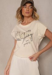 Beżowy Bawełniany T-shirt z Cyrkoniami Perłami i Rękawami Nietoperz Inellira. Brązowe t-shirty Renee, l, z aplikacjami, z bawełny, bez kołnierzyka, bez ramiączek. W wyprzedaży za 35.99 zł.