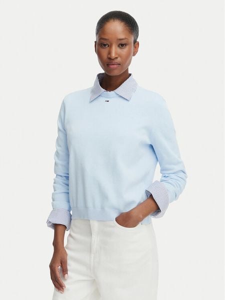 Tommy Jeans Sweter Essential DW0DW20159 Niebieski jasny Regular Fit. Niebieskie swetry Tommy Jeans, xl, bez wzorów, z bawełny, bez ramiączek. Za 369.99 zł.