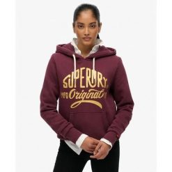 Bluza damska z kapturem Superdry Mfg Original Metallic. Fioletowe bluzy Superdry, l, bez wzorów, eleganckie, bez ramiączek, z kapturem. Za 342.35 zł.