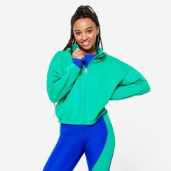Bluza z kapturem damska Domyos fitness. Zielone bluzy DOMYOS, s, bez wzorów, z bawełny, sportowe, bez ramiączek, z kapturem. Za 129.99 zł.