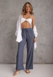 Niebieskie Teksturowane Spodnie Wide Leg z Wiązaniem w Talii Pirethei. Niebieskie jeansy Renee, m, bez wzorów, z jeansu. Za 69.99 zł.