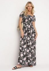 Czarno-Biała Rozkloszowana Sukienka w Kwiaty z Marszczonym Dekoltem Disteria. Czarne sukienki Born2be, na imprezę, m, bez wzorów, z jeansu, eleganckie, bez kołnierzyka, bez ramiączek, maxi, rozkloszowane. W wyprzedaży za 55.24 zł.