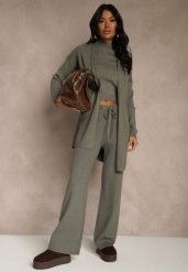 Ciemnozielony Komplet z Dzianiny z Wiskozą Spodnie Bluzka ze Stójką i Kardigan Vetisene. Zielone swetry Renee, l, bez wzorów, z dzianiny, bez ramiączek. Za 249.99 zł.