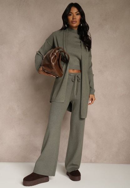 Ciemnozielony Komplet z Dzianiny z Wiskozą Spodnie Bluzka ze Stójką i Kardigan Vetisene. Zielone swetry Renee, l, bez wzorów, z dzianiny, bez ramiączek. Za 249.99 zł.