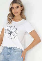 Biały T-shirt z Krótkim Rękawem i Nadrukiem Thetrin. Białe t-shirty Born2be, m, bez wzorów, z wiskozy, bez kołnierzyka, bez ramiączek. W wyprzedaży za 47.99 zł.