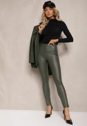 Ciemnozielone Legginsy z Imitacji Skóry High Waist Noriel. Zielone legginsy Renee, bez wzorów, z jeansu. W wyprzedaży za 35.99 zł.