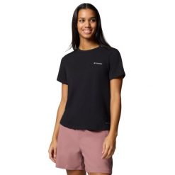 T-shirt sportowy z krótkim rękawem damski Sun Trek W SS II Tee. Czarne t-shirty sportowe Columbia, s, bez wzorów, z bawełny, bez ramiączek, do biegania. Za 99.99 zł.