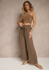 Ciemnobrązowe Spodnie z Wiskozą o Szerokim Kroju High Waist z Wiązaniem Ivelwia. Brązowe jeansy Renee, na lato, l, bez wzorów, z jeansu, z podwyższonym stanem. W wyprzedaży za 39.99 zł.