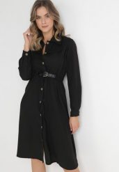 Czarna Sukienka Midi z Gumką w Pasie i Dodatkowym Paskiem ze Sprzączką Zawadi. Czarne sukienki Born2be, l, bez wzorów, eleganckie, bez kołnierzyka, bez ramiączek, midi. Za 34.99 zł.