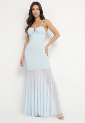 Niebieska Sukienka na Ramiączkach z Wiskozą Zdobiona Aplikacją i Siateczką Savaleira. Niebieskie sukienki Born2be, na co dzień, s, z aplikacjami, z jeansu, eleganckie, bez kołnierzyka, bez ramiączek, maxi. Za 149.99 zł.