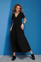 Czarna Dzianinowa Maxi Sukienka z Dekoltem V. Czarne sukienki Makadamia, l, bez wzorów, z bawełny, bez kołnierzyka, bez ramiączek, maxi. Za 239.90 zł.