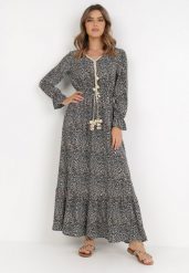Czarna Sukienka Delite. Czarne sukienki Born2be, na imprezę, l, bez wzorów, z tkaniny, boho, bez kołnierzyka, bez ramiączek, maxi, dla puszystych. Za 179.99 zł.