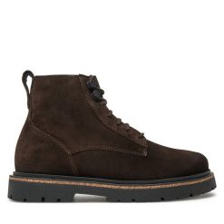 Trzewiki Birkenstock. Brązowe botki Birkenstock, bez wzorów, bez obcasa, na płaskiej podeszwie, bez zapięcia. Za 649.99 zł.