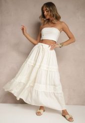 Beżowa Rozkloszowana Spódnica z Wiskozą Zdobiona Koronką Bannela. Brązowe spódnice Renee, na co dzień, m, z aplikacjami, z koronki, eleganckie, maxi, dopasowane. W wyprzedaży za 99.99 zł.