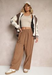Brązowe Bawełniane Spodnie High Waist o Szerokim Kroju Velili. Brązowe jeansy Renee, bez wzorów, z bawełny, eleganckie, z podwyższonym stanem. W wyprzedaży za 107.99 zł.