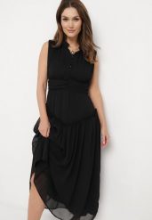 Czarna Sukienka Długa Rozkloszowana z Powlekanymi Guzikami Ingridesa. Czarne sukienki Born2be, m, bez wzorów, bez kołnierzyka, bez ramiączek, maxi, rozkloszowane. Za 189.99 zł.