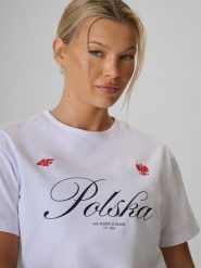 4F Koszulka kibica damska - biała XS. Białe t-shirty sportowe 4f, xs, bez wzorów, z bawełny, bez ramiączek. Za 59.99 zł.