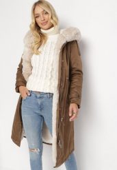 Brązowa Nylonowa Kurtka Parka Płaszcz Ozdobiona Futerkiem Faelana. Brązowe kurtki Born2be, l, bez wzorów, z futra, bez kaptura. W wyprzedaży za 322.99 zł.