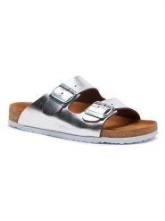 Comfortfusse Skórzane klapki w kolorze srebrnym rozmiar: 40. Szare klapki Comfortfüße, bez wzorów, klasyczne, z otwartym noskiem, bez obcasa, bez zapięcia. Za 214.95 zł.