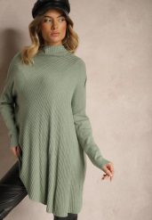 Jasnozielony Asymetryczny Golf z Wiskozą z Rękawami o Nietoperzowym Kroju Realeen. Zielone swetry Renee, bez wzorów, z jeansu, eleganckie, bez ramiączek. W wyprzedaży za 79.99 zł.