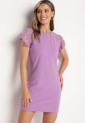 Fioletowa Dopasowana Sukienka z Koronkowym Rękawkiem Cidariana. Fioletowe sukienki Born2be, na imprezę, m, bez wzorów, z koronki, eleganckie, bez kołnierzyka, bez ramiączek, mini, dopasowane. Za 89.99 zł.