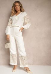 Beżowe Bawełniane Spodnie o Szerokim Kroju z Haftem Fenelith. Brązowe jeansy Renee, l, bez wzorów, z bawełny, eleganckie. W wyprzedaży za 74.99 zł.