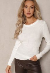 Biała Casualowy Sweter z Prążkowanego Materiału Zintra. Białe swetry Renee, m, bez wzorów, z jeansu, casualowe, bez ramiączek. W wyprzedaży za 63.99 zł.