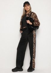 Czarny Komplet Dresowy Welurowy Szerokie Spodnie i Bluza w Panterkę Aznelie. Czarne bluzy Born2be, m, bez wzorów, z dresówki, klasyczne, bez ramiączek, bez kaptura. Za 79.99 zł.