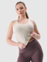 4F Top treningowy z niskim wsparciem damski - beżowy XXL. Brązowe topy sportowe 4f, xs, bez wzorów, z dzianiny, na fitness i siłownię. W wyprzedaży za 49.99 zł.