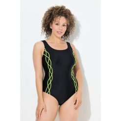 Damskie Strój kąpielowy lamówka bez miękkich miseczek okrągły dekolt. Czarne stroje jednoczęściowe Ulla Popken, bez wzorów, z elastanu, sportowe. Za 139.99 zł.