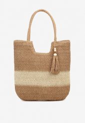 Ciemnobeżowa Pleciona Torebka z Frędzlem w Stylu Boho Rineriela. Brązowe torebki klasyczne Renee, bez wzorów, boho, bez dodatków. W wyprzedaży za 67.99 zł.