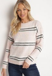 Jasnoróżowy Sweter z Bawełną Ozdobiony Paskami Ejasevia. Czerwone swetry Born2be, na zimę, bez wzorów, z bawełny, bez ramiączek. W wyprzedaży za 67.99 zł.