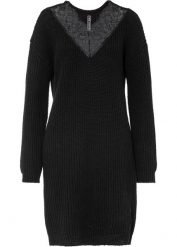 Sukienka dzianinowa oversized z koronką. Czarne sukienki bonprix, bez wzorów, z dzianiny, bez kołnierzyka, bez ramiączek. Za 149.99 zł.