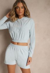 Jasnoniebieski Komplet z Bawełny w Sportowym Stylu Bluza z Kapturem i Szorty Izurea. Niebieskie bluzy Renee, na lato, bez wzorów, z bawełny, klasyczne, bez ramiączek, z kapturem. W wyprzedaży za 95.99 zł.