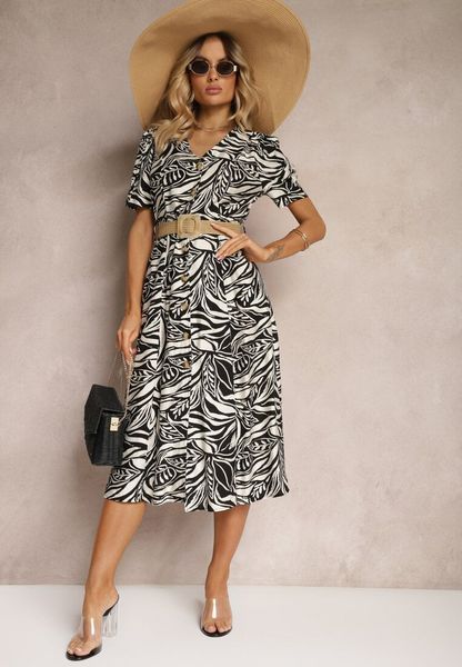 Czarno-Biała Koszulowa Sukienka z Bufiastymi Rękawami i Plecionym Paskiem w Talii Aslatia. Czarne sukienki Renee, na spotkanie biznesowe, l, z aplikacjami, z wiskozy, klasyczne, bez kołnierzyka, bez ramiączek, midi, koszulowe. Za 109.99 zł.