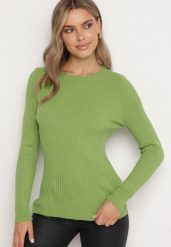Jasnozielony Klasyczny Prążkowany Sweter Zinadre. Zielone swetry Born2be, m, bez wzorów, z jeansu, eleganckie, bez ramiączek. W wyprzedaży za 67.99 zł.