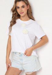 Biały T-shirt z Bawełny z Aplikacją 3D w Kształcie Kwiatu Risandra. Białe t-shirty Born2be, z aplikacjami, z bawełny, klasyczne, bez kołnierzyka, bez ramiączek. W wyprzedaży za 55.99 zł.