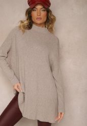 Beżowy Asymetryczny Golf z Wiskozą z Rękawami o Nietoperzowym Kroju Realeen. Brązowe swetry Renee, bez wzorów, z jeansu, eleganckie, bez ramiączek. W wyprzedaży za 79.99 zł.
