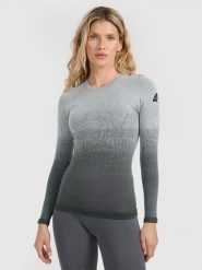 4F Bielizna termoaktywna bezszwowa z wełną merino (góra) damska - szara XS/S. Czarna bielizna termoaktywna damska 4f, bez wzorów, ze skóry, bez ramiączek, narciarskie. Za 249.99 zł.