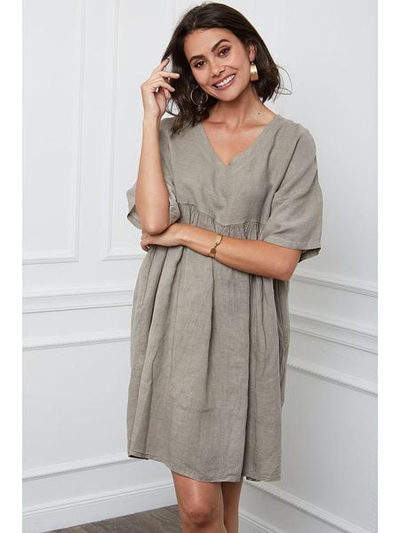 Fleur de Lin Lniana sukienka "Etsy" w kolorze szarobrązowym rozmiar: M. Brązowe sukienki Fleur de Lin, m, bez wzorów, ze lnu, bez kołnierzyka, bez ramiączek, mini. Za 139.87 zł.