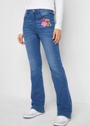 Dżinsy Bootcut, High Waist, z wygodnym paskiem. Niebieskie jeansy bonprix, bez wzorów, z jeansu, z podwyższonym stanem. Za 169.99 zł.